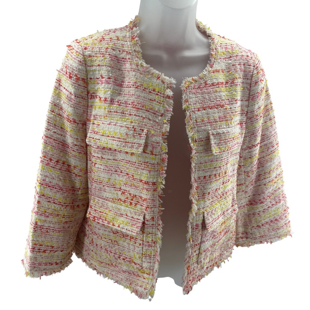 Kate Spade New York Pink Multi Tweed Fringe Open‎ Front Jacket Blazer Size 2 New